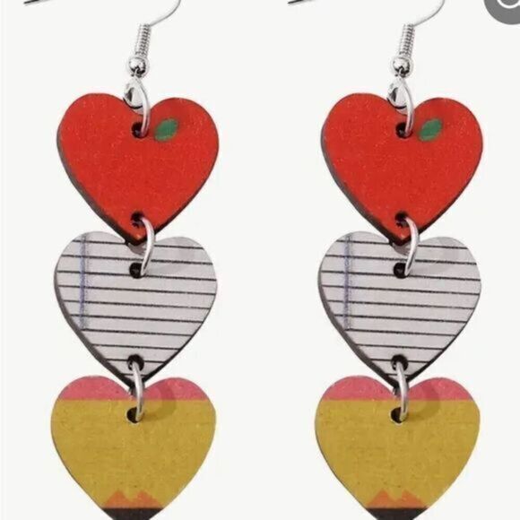 NWT Dangle Earrings Wood 3 Tier Hearts Teacher Education Pencil Paper Educator - Picture 1 of 3